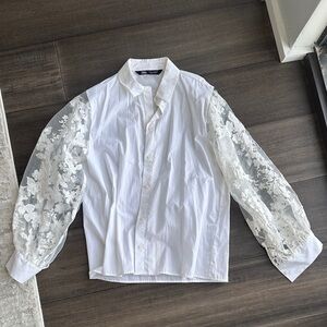 Zara White Blouse with Sheer Floral Sleeves
